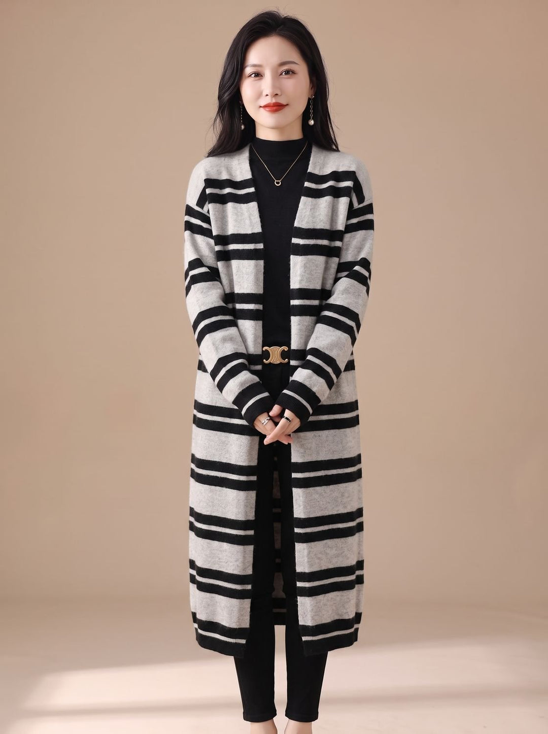 Women's Oversized Long Striped Open-Front Knit Cardigan