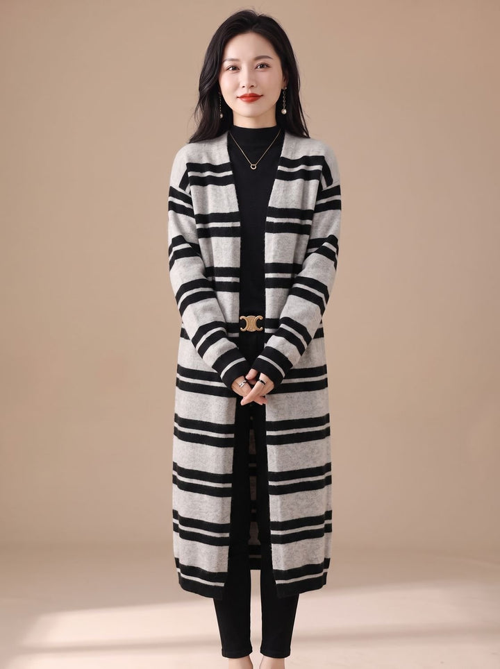 Women's Oversized Long Striped Open-Front Knit Cardigan