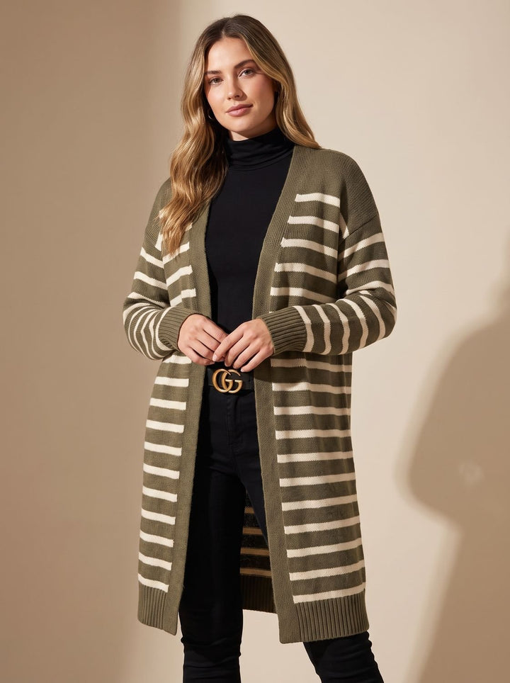 Women's Oversized Long Striped Open-Front Knit Cardigan