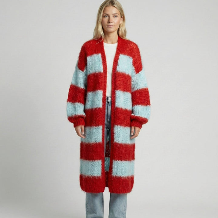 Women's Oversized Long Striped Open-Front Knit Cardigan, Red