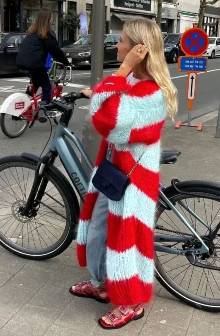 Women's Oversized Long Striped Open-Front Knit Cardigan, Red