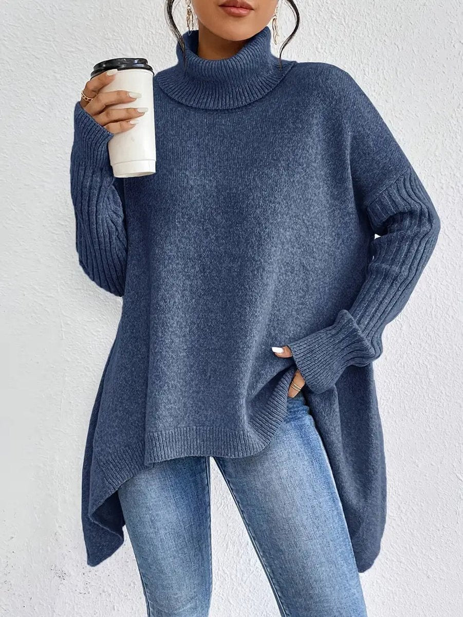 Women's Oversized Long Turtleneck Sweater Ribbed Cuff High Low Hem - Ocean Blue
