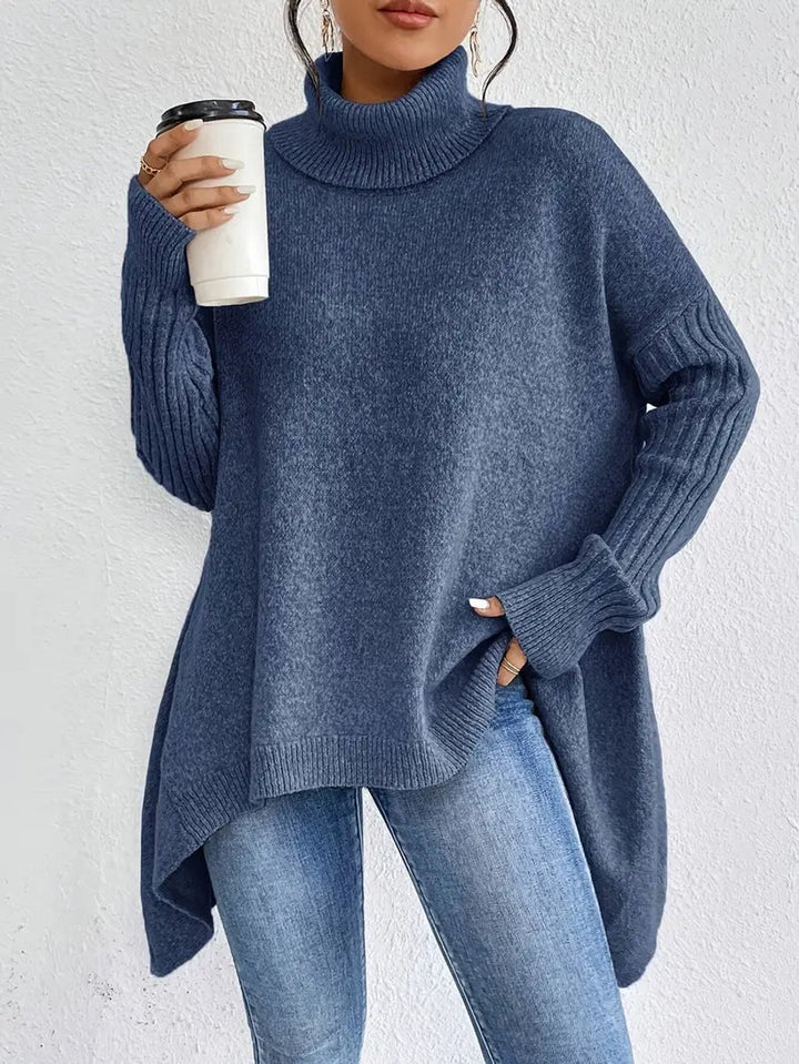 Women's Oversized Long Turtleneck Sweater Ribbed Cuff High Low Hem - Ocean Blue