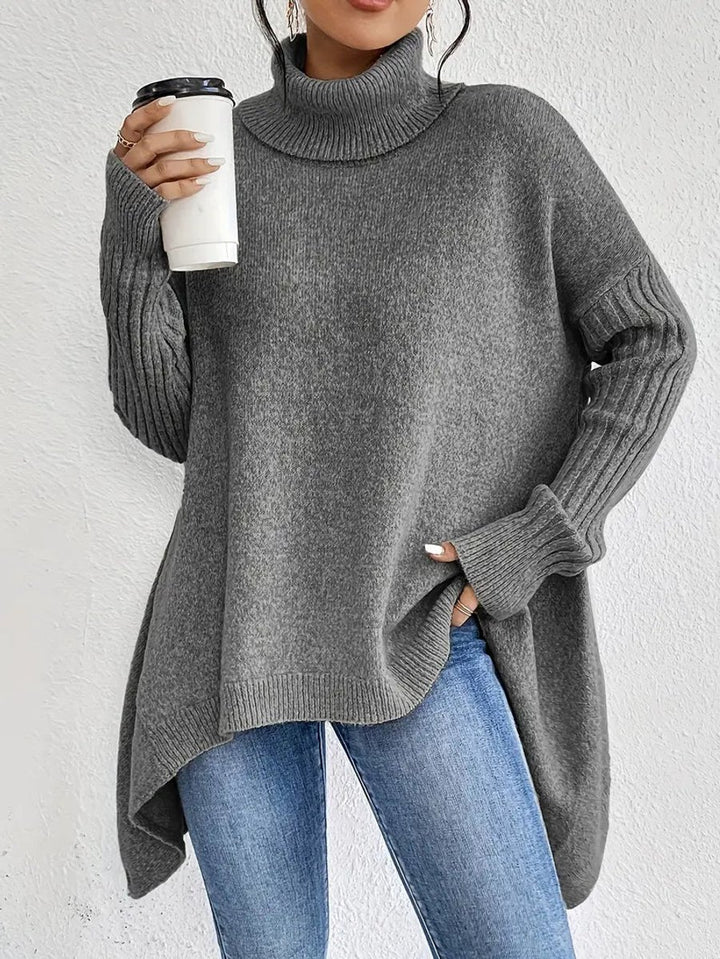 Women's Oversized Long Turtleneck Sweater Ribbed Cuff High Low Hem - Stone Gray