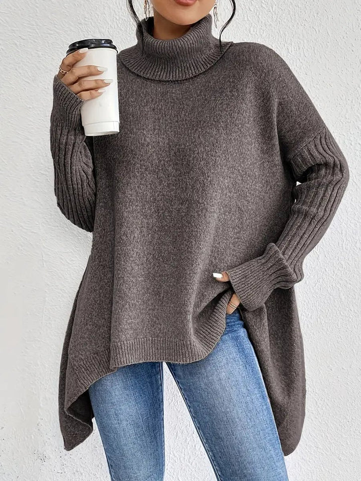 Women's Oversized Long Turtleneck Sweater Ribbed Cuff High Low Hem - Espresso Brown