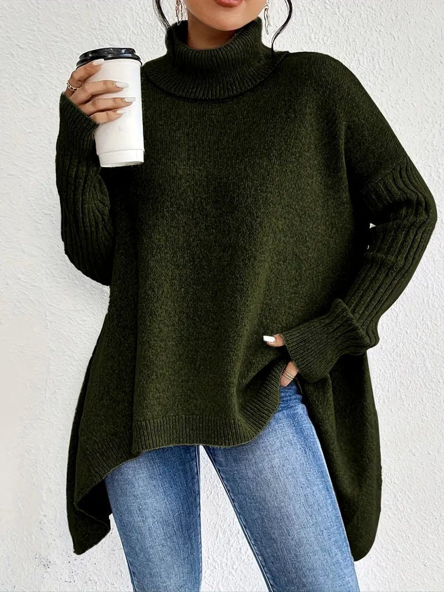 Women's Oversized Long Turtleneck Sweater Ribbed Cuff High Low Hem - Pine Green