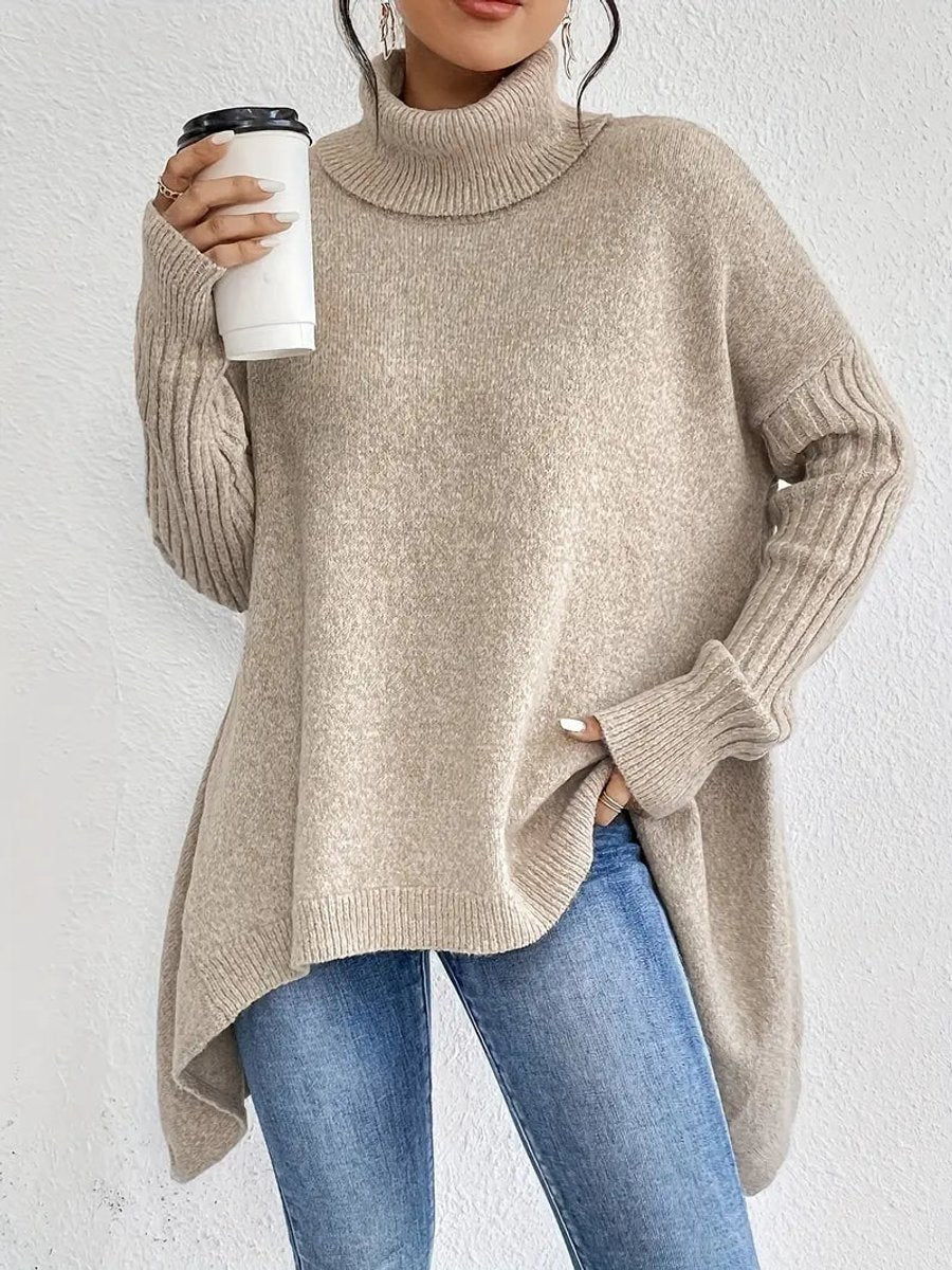 Women's Oversized Long Turtleneck Sweater Ribbed Cuff High Low Hem - Desert Khaki
