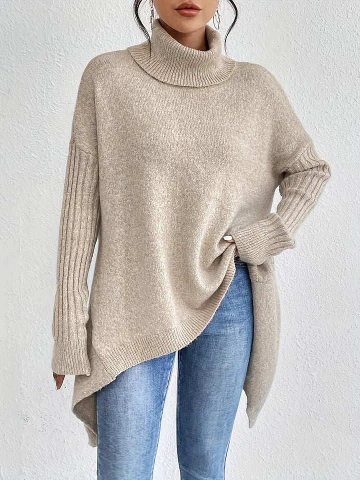 Women's Oversized Long Turtleneck Sweater Ribbed Cuff High Low Hem