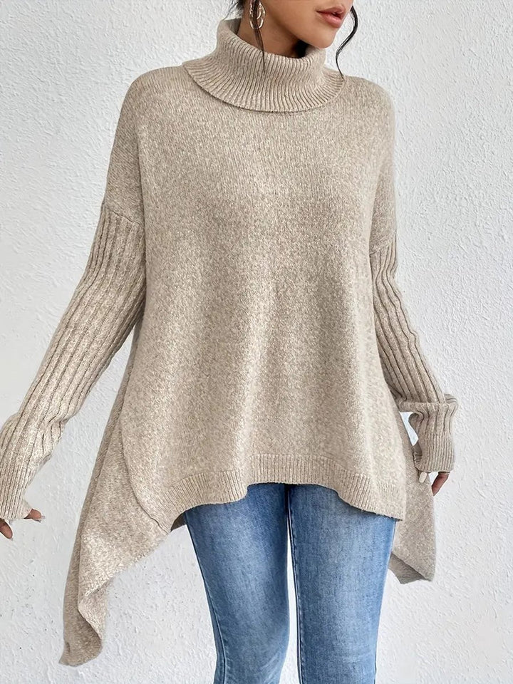 Women's Oversized Long Turtleneck Sweater Ribbed Cuff High Low Hem