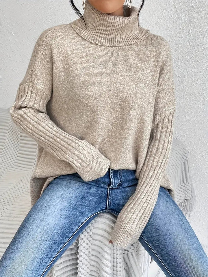 Women's Oversized Long Turtleneck Sweater Ribbed Cuff High Low Hem