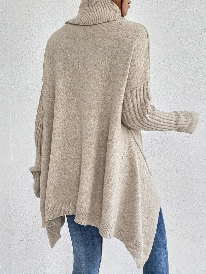 Women's Oversized Long Turtleneck Sweater Ribbed Cuff High Low Hem