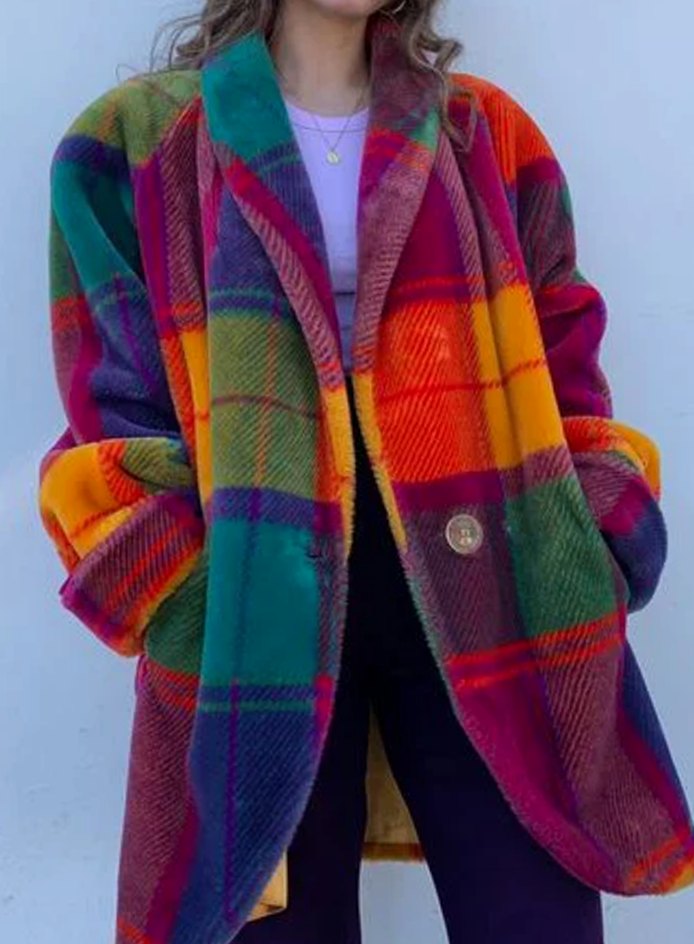 Women's Oversized Long Wool-Blend Plaid Coat - Checkered