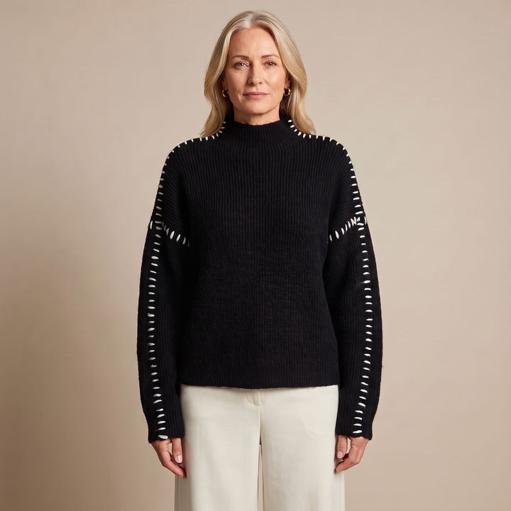 Women's Oversized Mock Neck Contrast Whipstitch Sweater