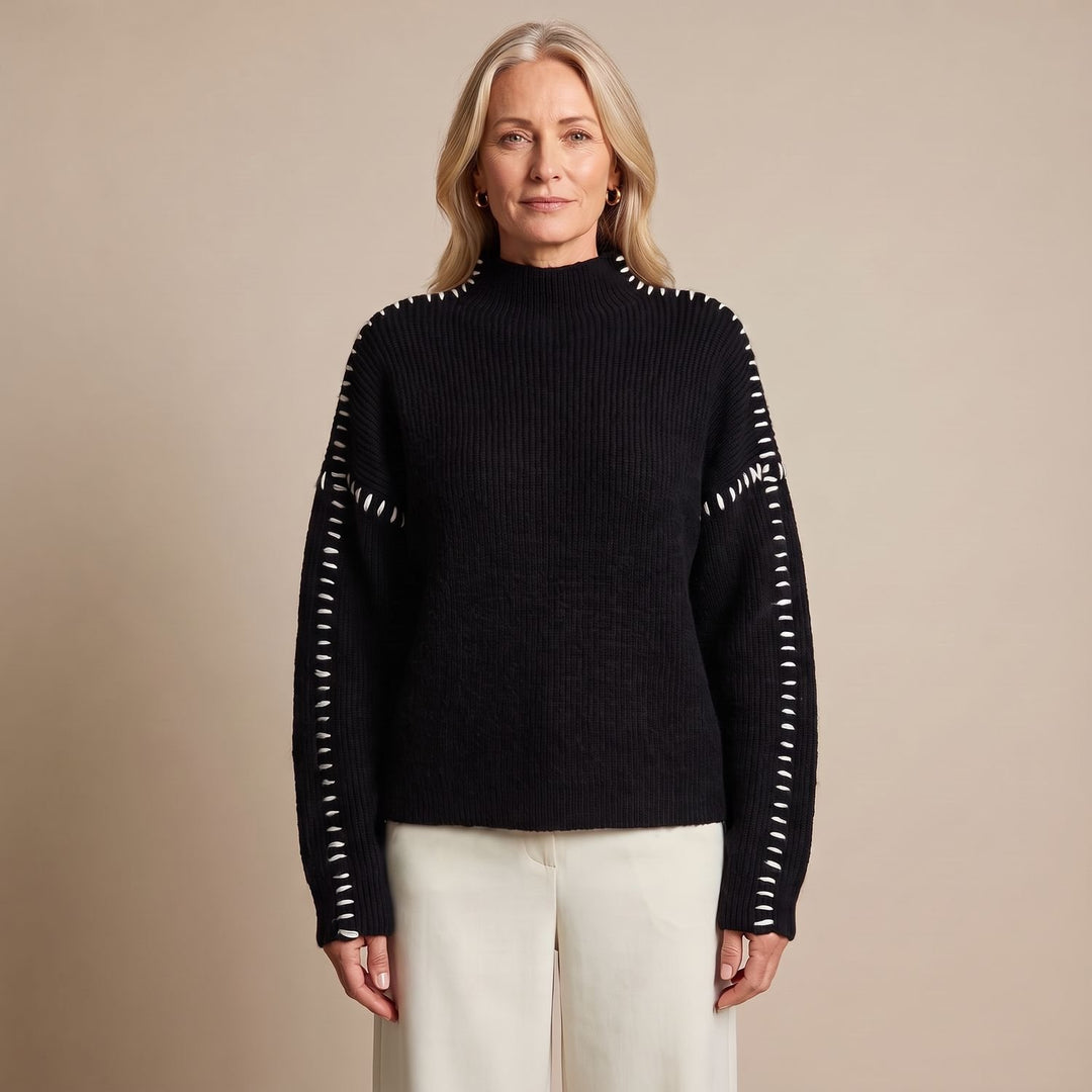 Women's Oversized Mock Neck Contrast Whipstitch Sweater - Black