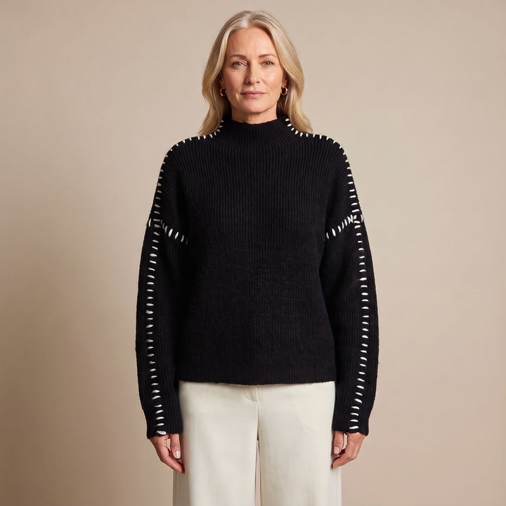 Women's Oversized Mock Neck Contrast Whipstitch Sweater - Black