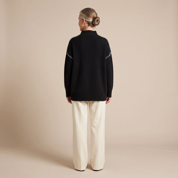 Women's Oversized Mock Neck Contrast Whipstitch Sweater