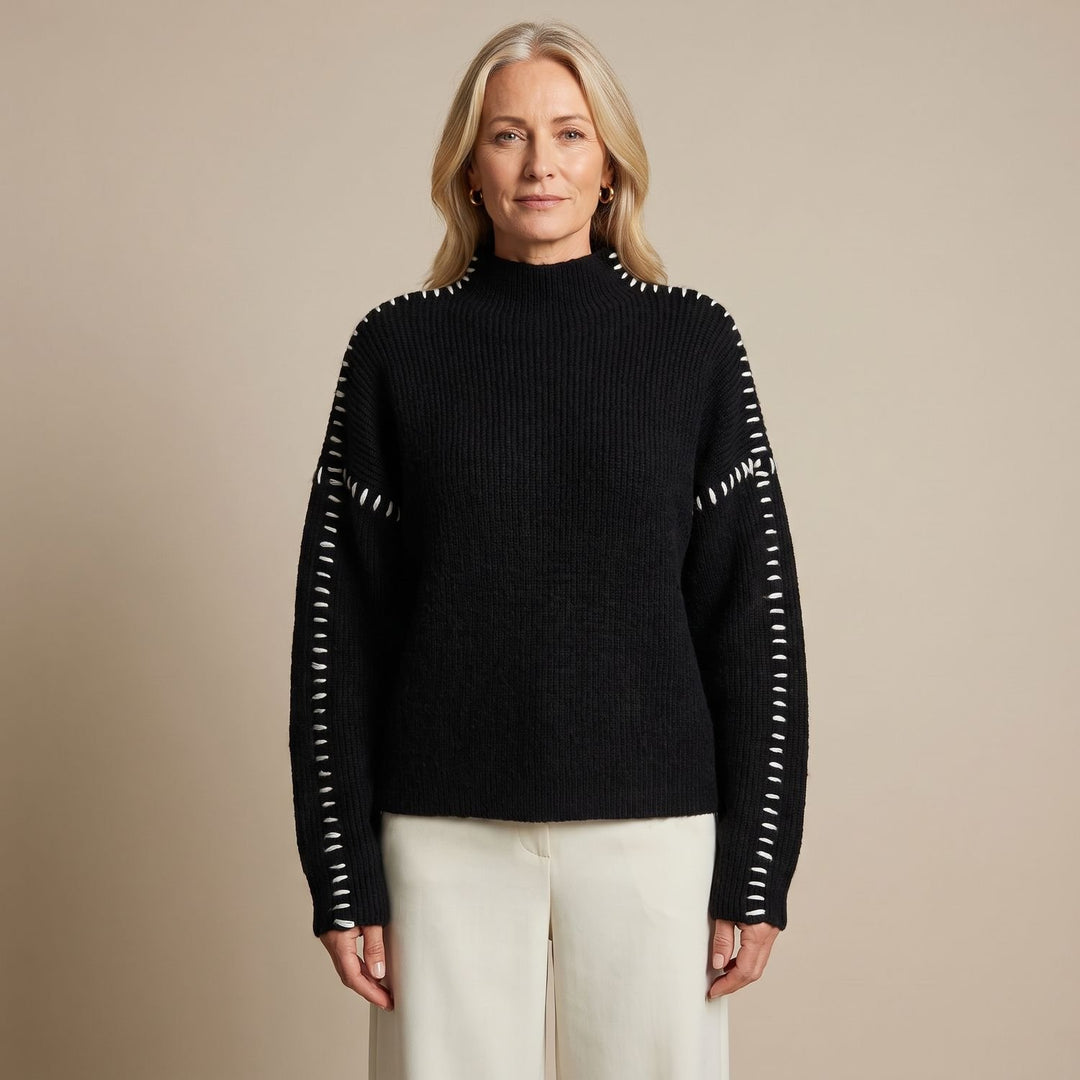 Women's Oversized Mock Neck Contrast Whipstitch Sweater