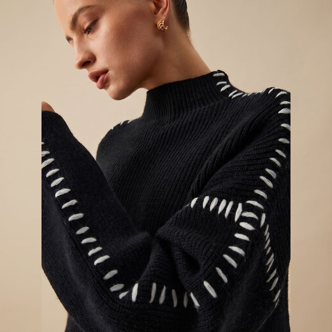 Women's Oversized Mock Neck Contrast Whipstitch Sweater