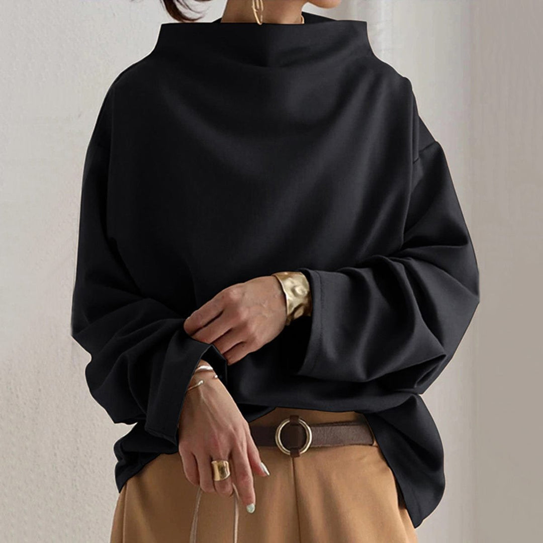 Women's Oversized Mock Neck Knit Sweater Relaxed Pullover Top - Black