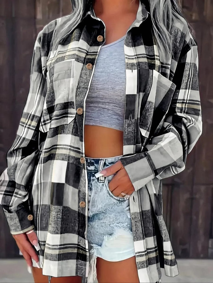 Women's Oversized Plaid Flannel Open-Front Cardigan Shirt - Black