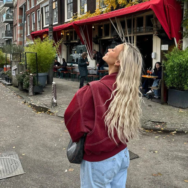 Women's Oversized Quilted Jacket Contrast Stitch Bomber