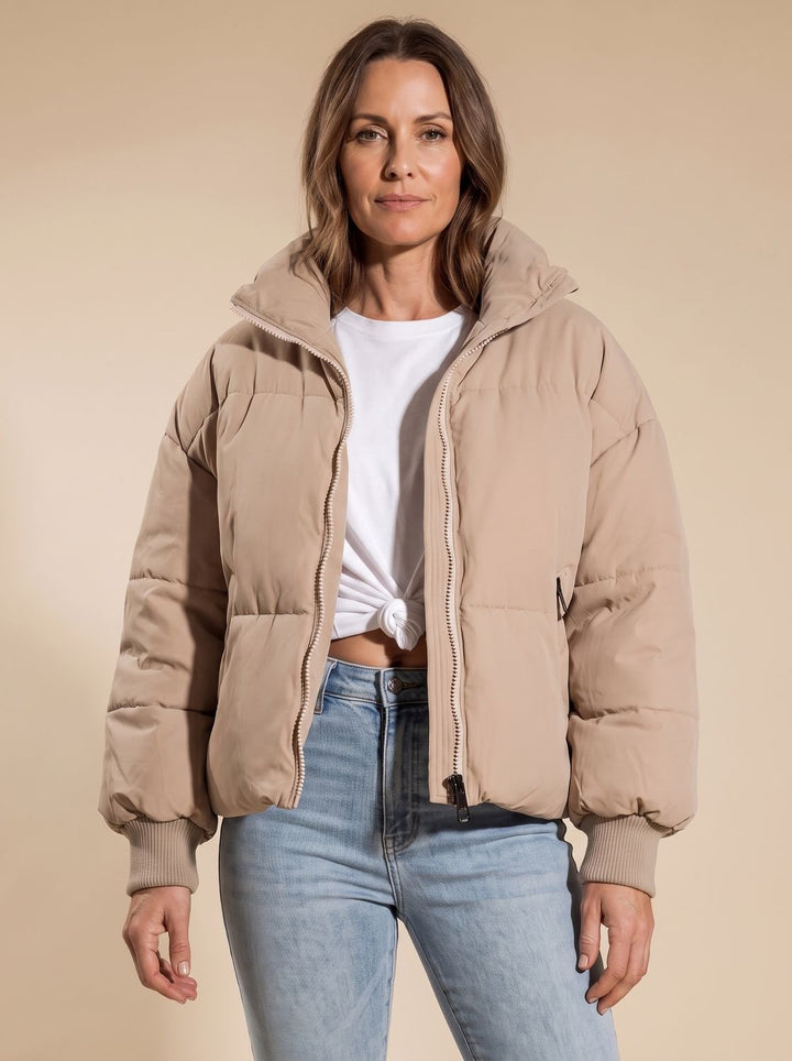 Women's Oversized Quilted Puffer Jacket Stand Collar Zip - Khaki