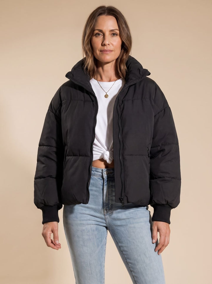 Women's Oversized Quilted Puffer Jacket Stand Collar Zip - Black