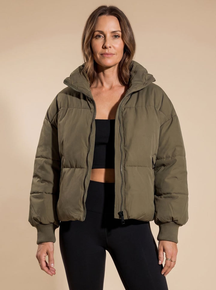Women's Oversized Quilted Puffer Jacket Stand Collar Zip - Green