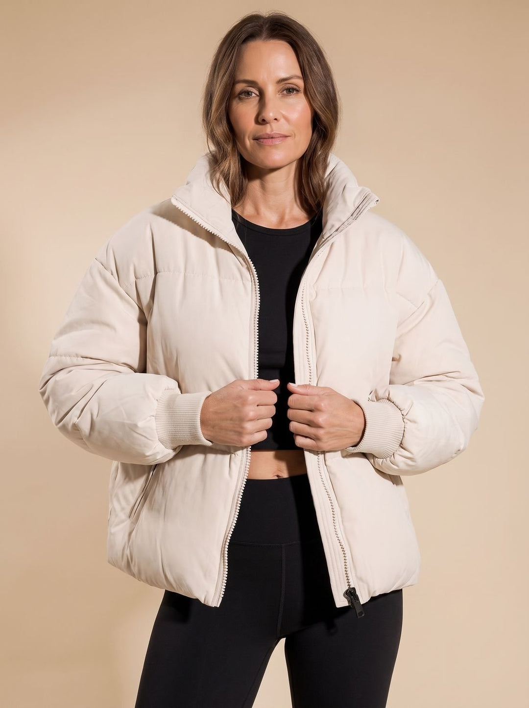 Women's Oversized Quilted Puffer Jacket Stand Collar Zip - White