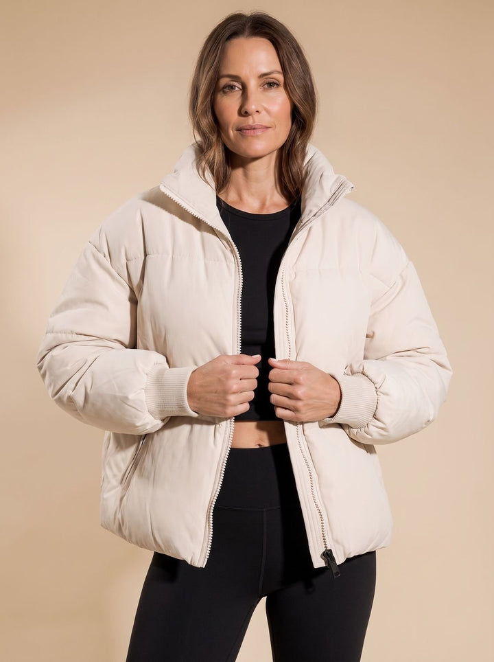 Women's Oversized Quilted Puffer Jacket Stand Collar Zip - White