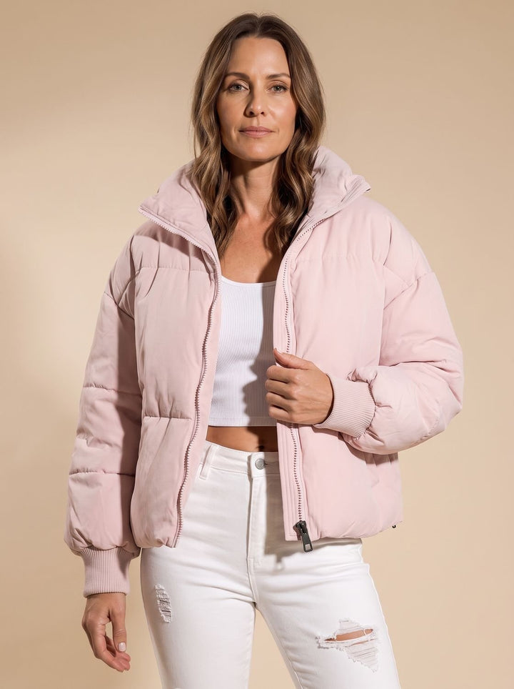 Women's Oversized Quilted Puffer Jacket Stand Collar Zip - Pink