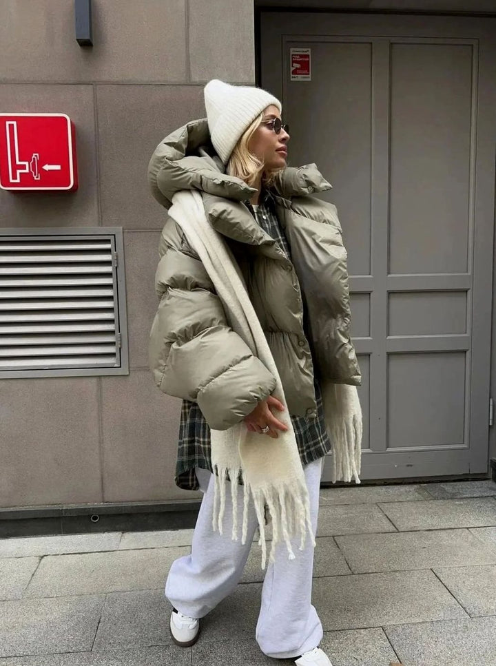 Women's Oversized Quilted Puffer Jacket Stand-Up Collar - Green