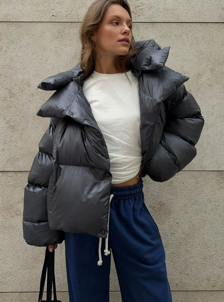 Women's Oversized Quilted Puffer Jacket Stand-Up Collar - Black