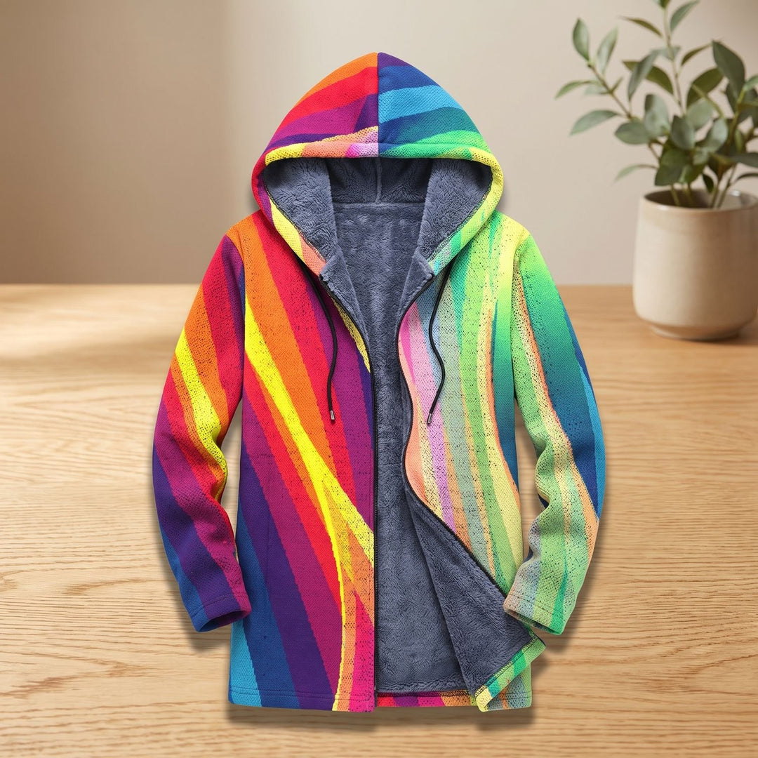 Women's Oversized Rainbow Striped Fleece-Lined Hooded Cardigan - Multicolored