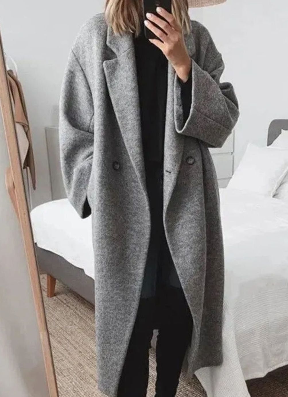 Women's Oversized Relaxed-Fit Double-Breasted Long Coat - Gray