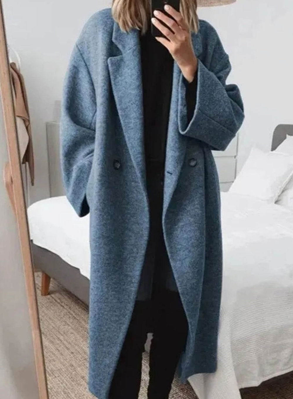 Women's Oversized Relaxed-Fit Double-Breasted Long Coat - Navy Blue