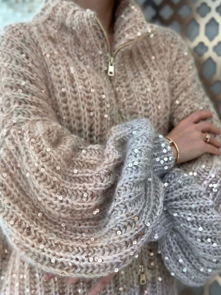 Women's Oversized Sequin Zip-Up Knit Cardigan Sweater