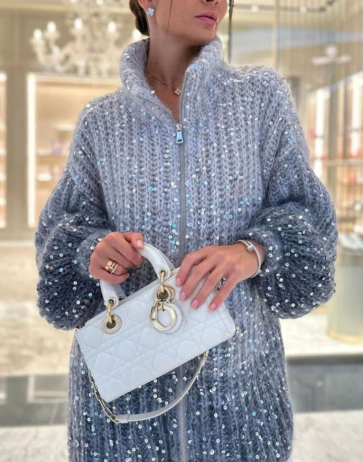 Women's Oversized Sequin Zip-Up Knit Cardigan Sweater
