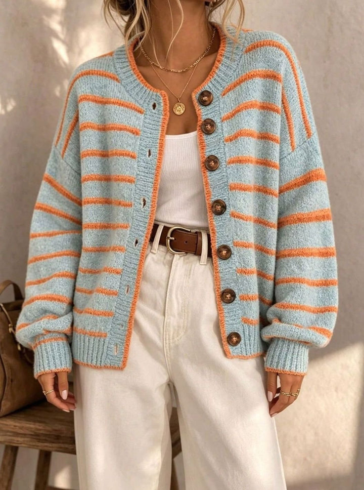 Women's Oversized Striped Knit Cardigan Button-Up Sweater - Blue Orange