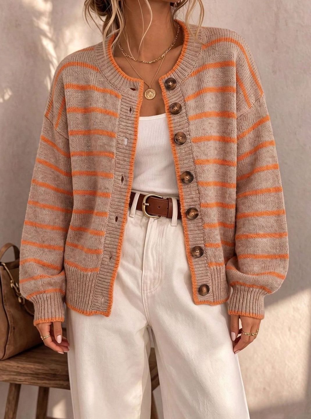 Women's Oversized Striped Knit Cardigan Button-Up Sweater - Beige Orange
