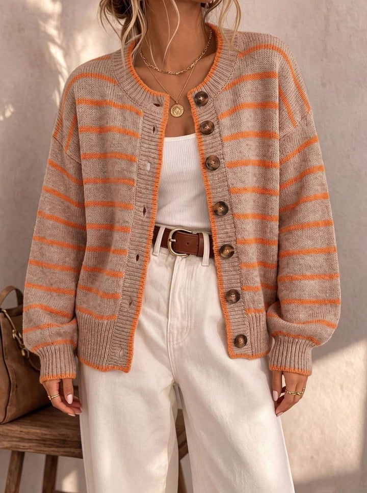 Women's Oversized Striped Knit Cardigan Button-Up Sweater - Beige Orange