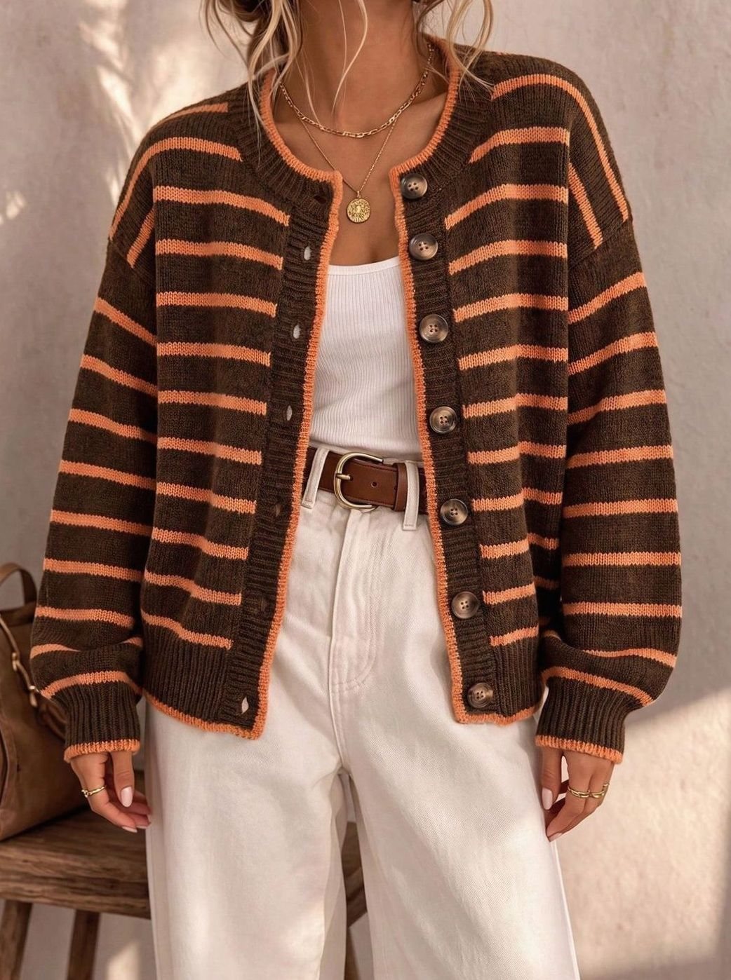 Women's Oversized Striped Knit Cardigan Button-Up Sweater