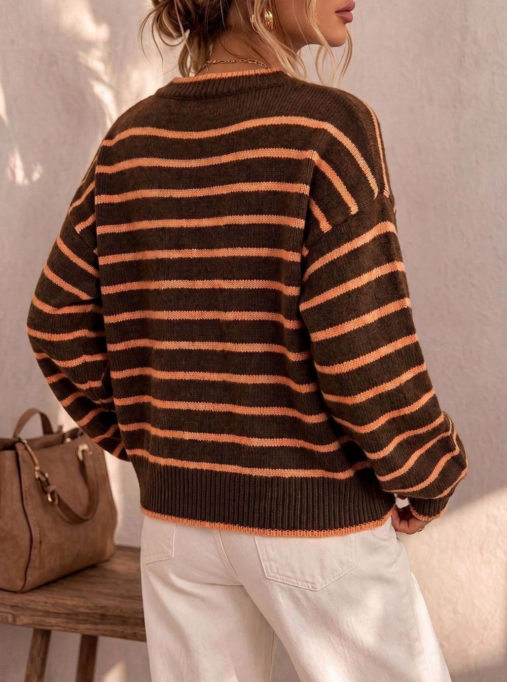Women's Oversized Striped Knit Cardigan Button-Up Sweater