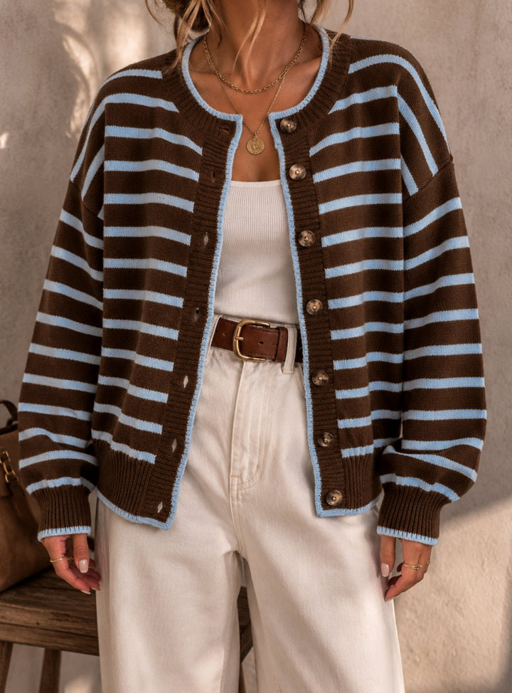 Women's Oversized Striped Knit Cardigan Button-Up Sweater - Brown Baby Blue