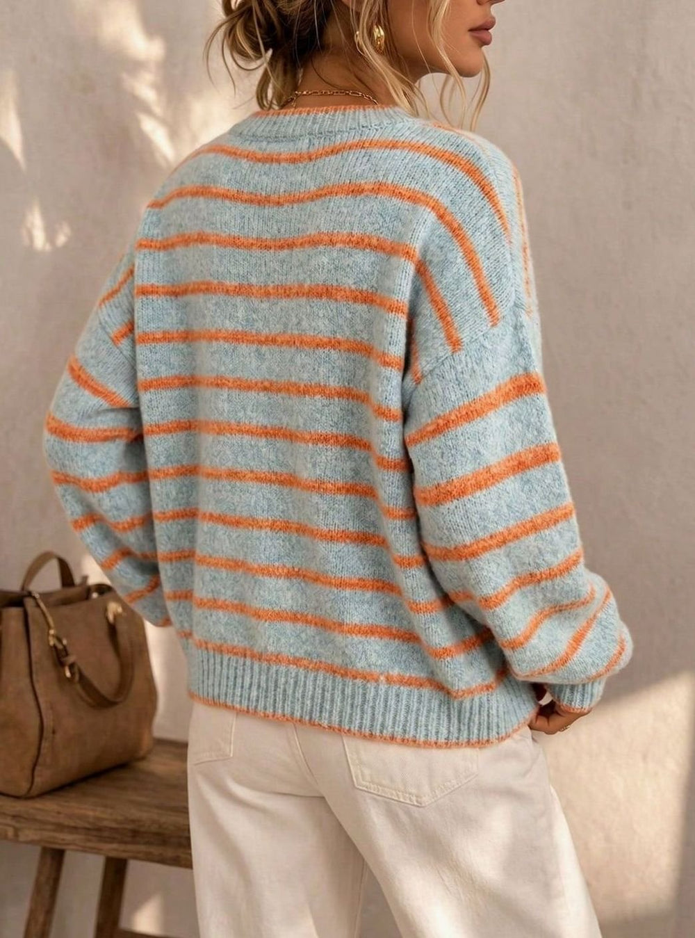 Women's Oversized Striped Knit Cardigan Button-Up Sweater