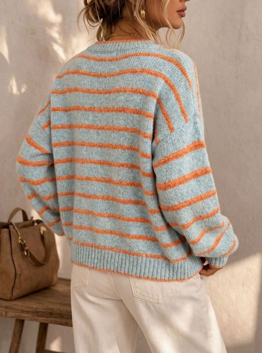 Women's Oversized Striped Knit Cardigan Button-Up Sweater