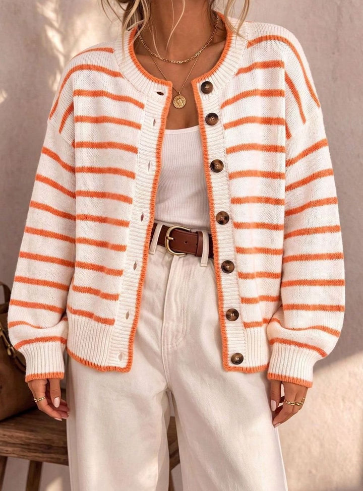 Women's Oversized Striped Knit Cardigan Button-Up Sweater - White Orange