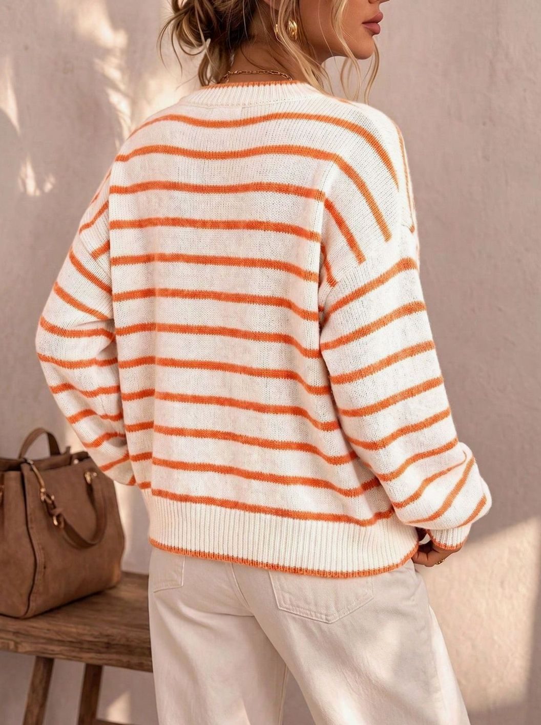 Women's Oversized Striped Knit Cardigan Button-Up Sweater
