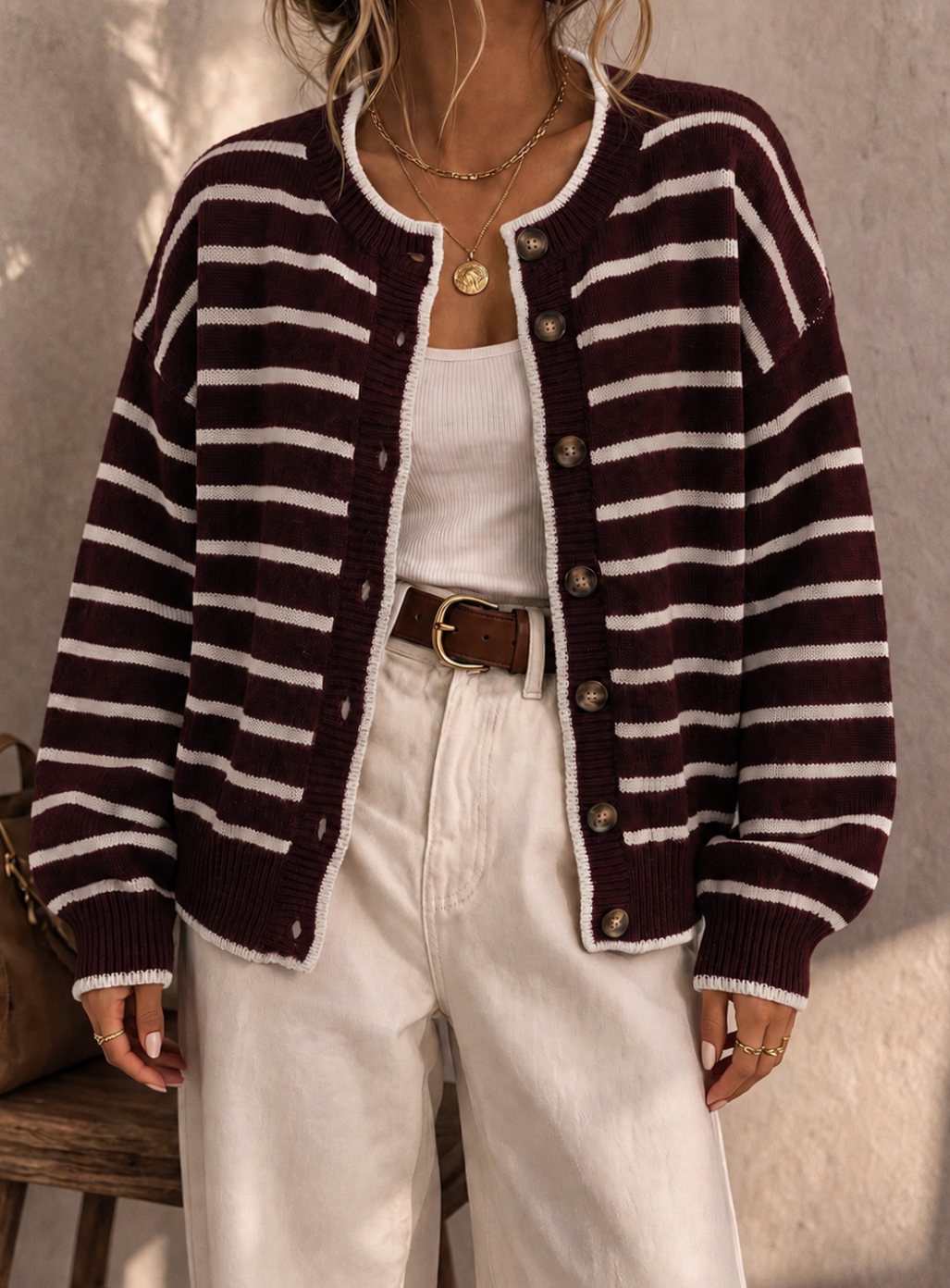 Women's Oversized Striped Knit Cardigan Button-Up Sweater - Burgundy White
