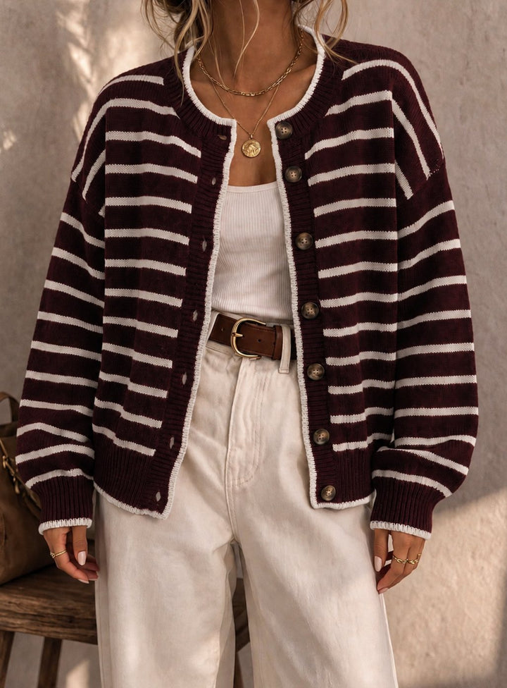 Women's Oversized Striped Knit Cardigan Button-Up Sweater - Burgundy White